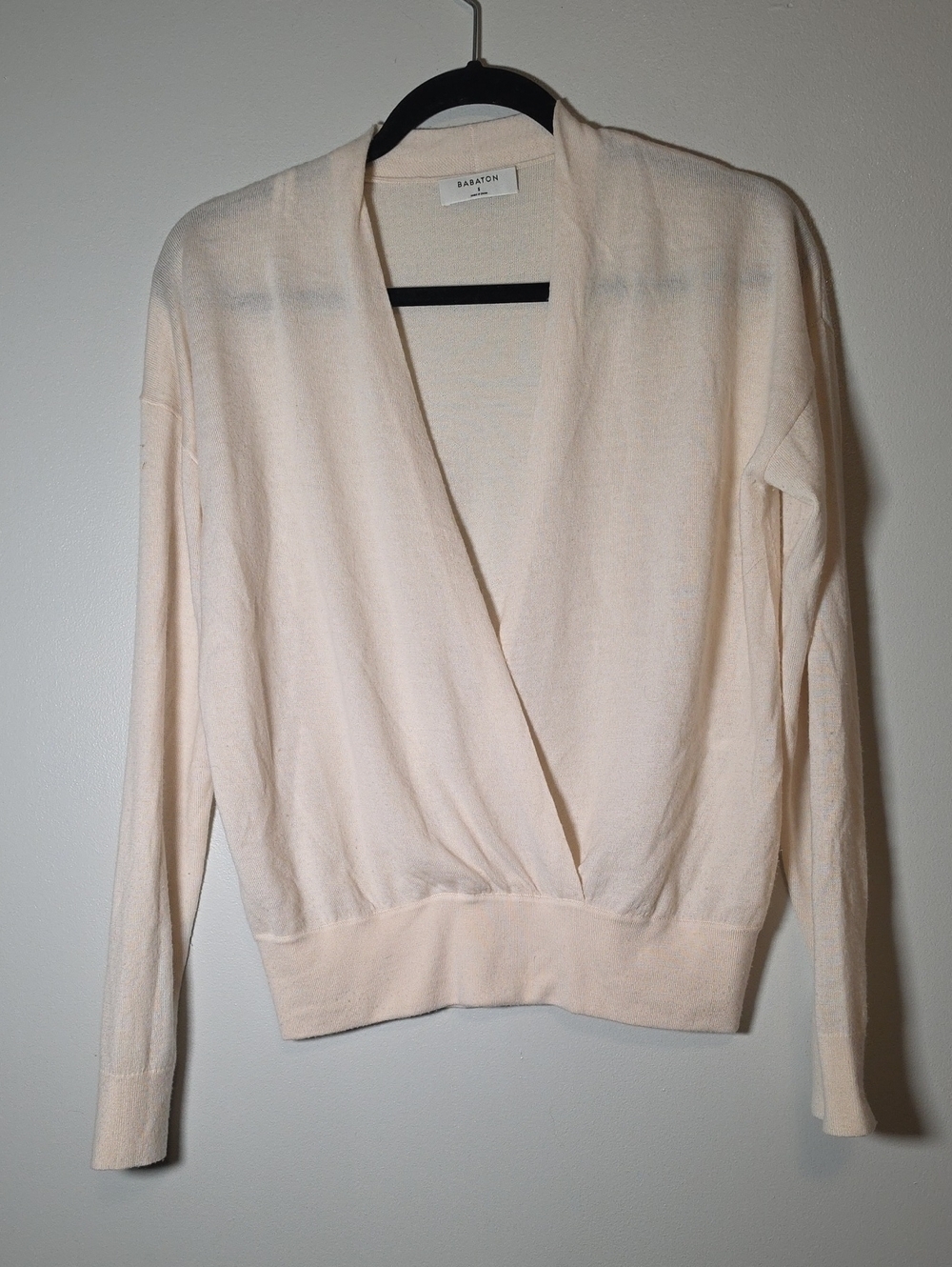 Babaton Jotham Light Cream V-Neck Wrap Pullover Sweater 100% Merino Wool